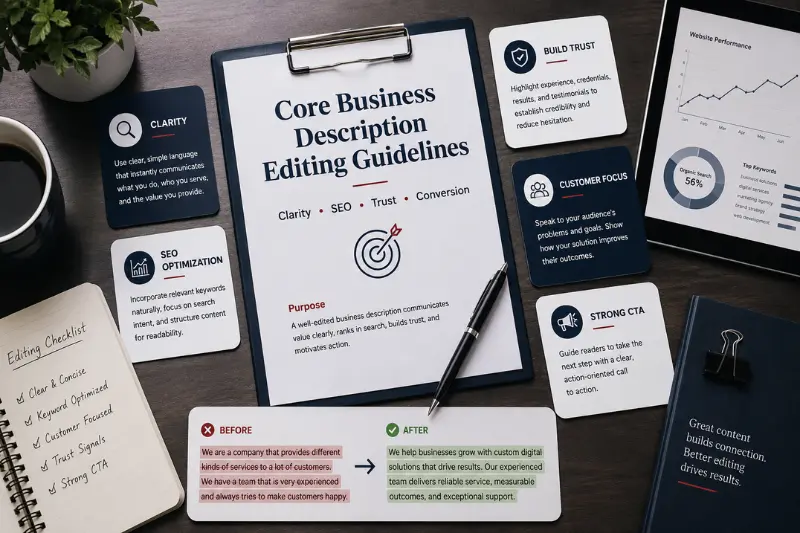 core business description editing guidelines